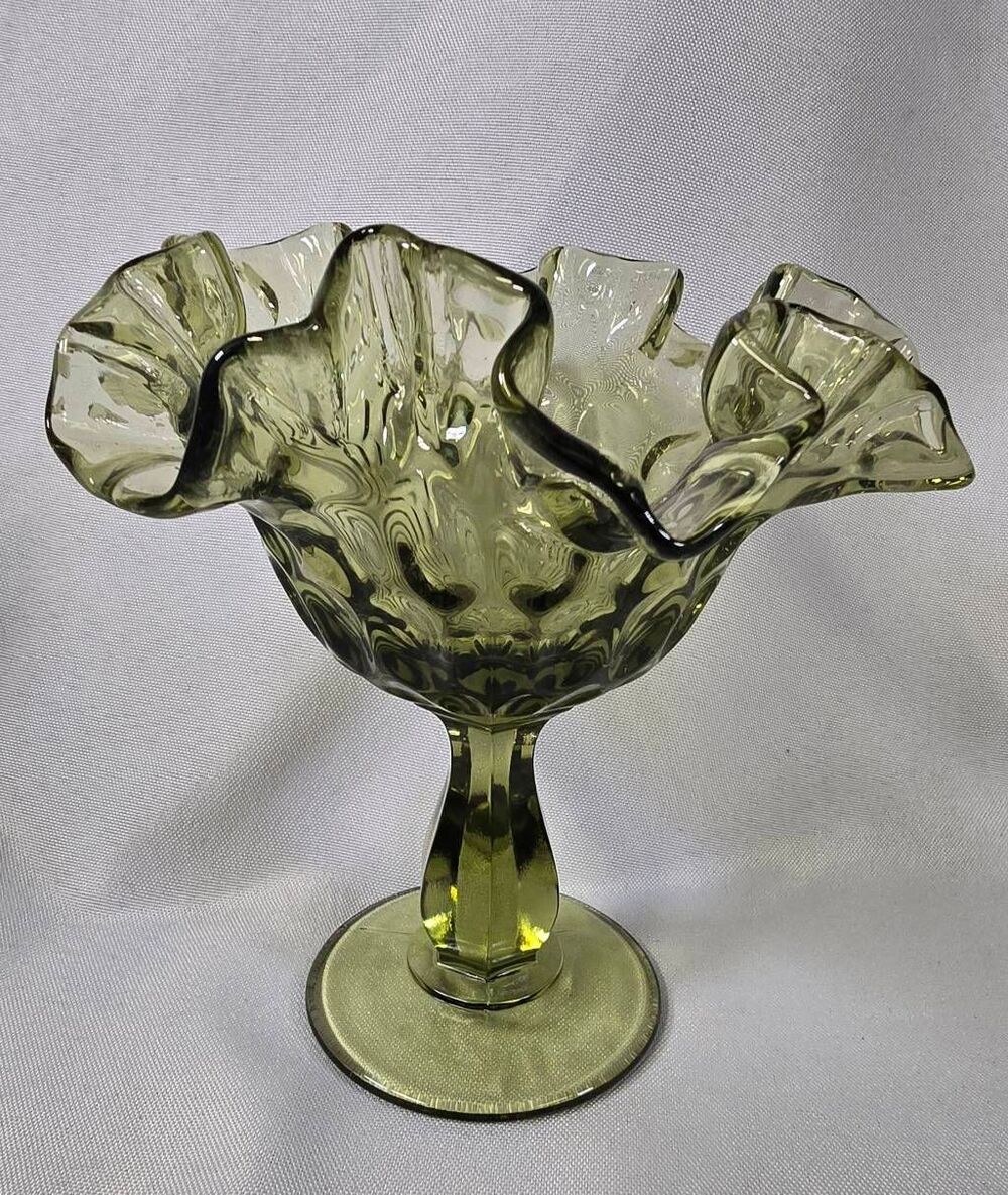 Vintage  Fenton Ruffled Thumb Print Depression Glass Green Pedestal Bowl